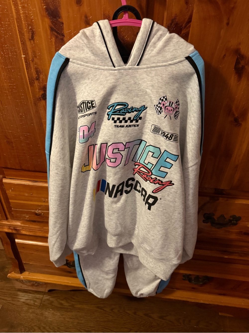 Justice Girls' Gray Racing Graphic Hoodie -Pants Set Size 7/8 Light Blue Accents